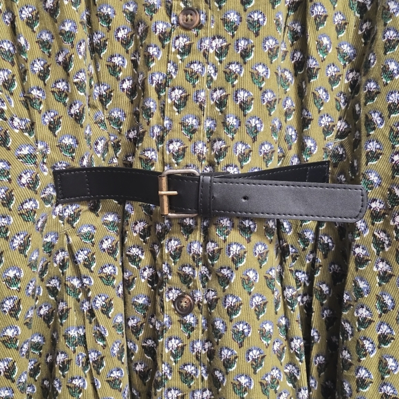 Anthropologie Corduroy Abs Vegan Leather Green Patterned Shirt Pockets Dress - Picture 6 of 13
